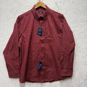 Club Room Button Up Shirt Men 17 Red Plaid Cotton Wrinkle Resistance Regular Fit